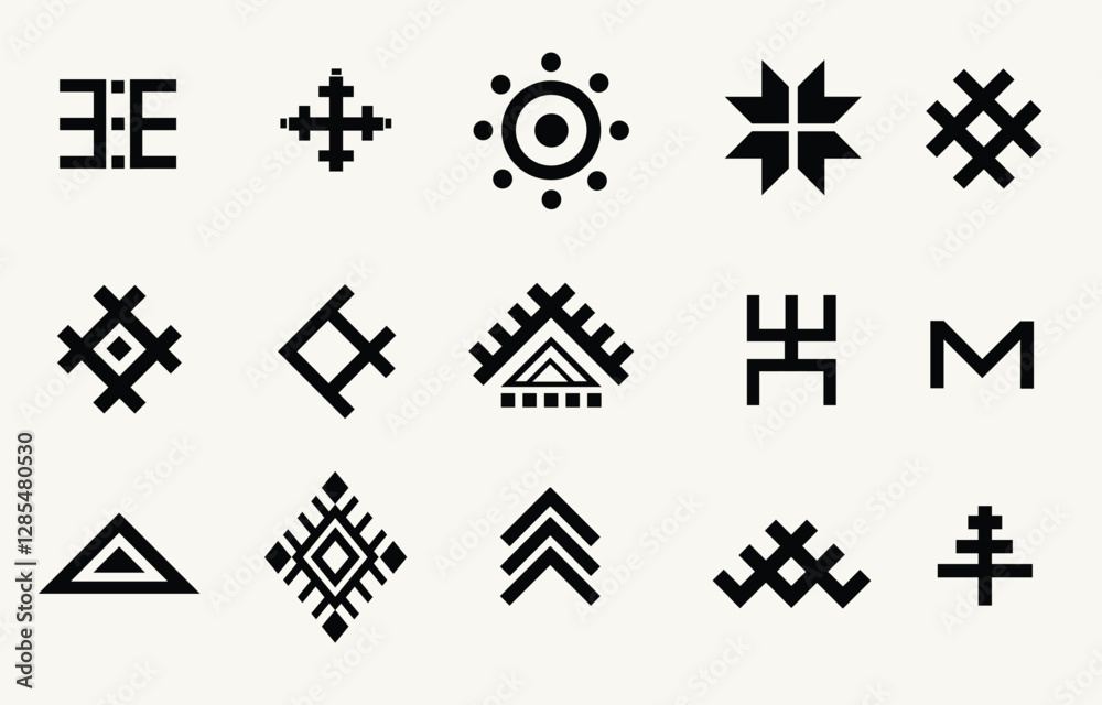 Ethnic tribal black and white symbol background. Seamless tribal pattern, folk embroidery, tradition geometric tribal ornament. Traditional design for fabric, textile, print, rug, paper Ethnic tribal black and white symbol background. Seamless tribal pattern, folk embroidery, tradition geometric tribal ornament. Traditional design for fabric, textile, print, rug, paper