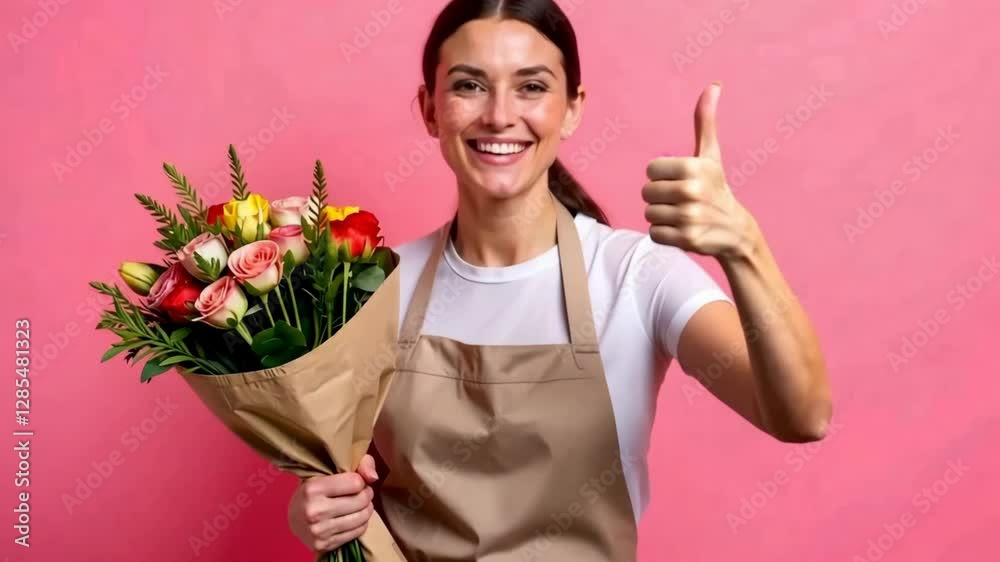 Florist smiling and giving thumbs up while holding colorful bouquet against pink background Florist smiling and giving thumbs up while holding colorful bouquet against pink background