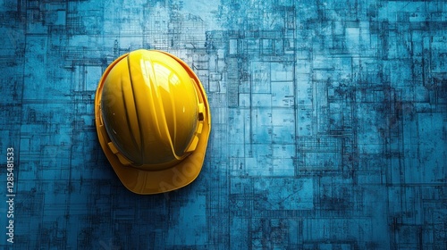 Bright yellow construction helmet rests atop a detailed cyan blueprint creating industrial artistry