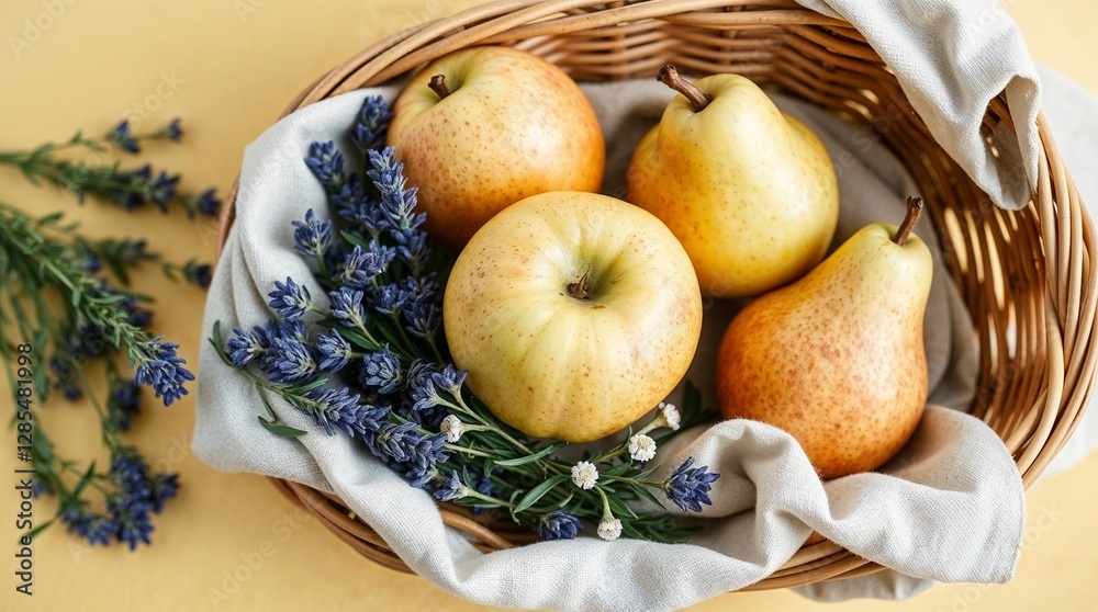 Close-up flatlay photograph of French apples and pears with lavender and rosemary on a warm pastel yellow background Close-up flatlay photograph of French apples and pears with lavender and rosemary on a warm pastel yellow background