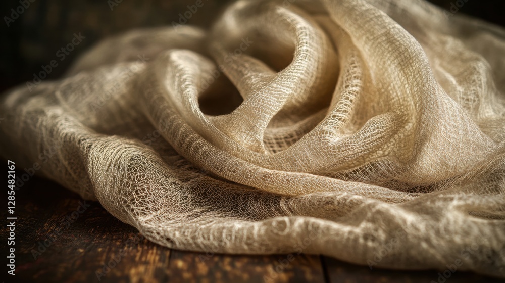 Fototapeta premium Elegant textured fabric draped on wooden surface.