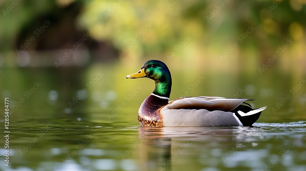 Fototapeta premium Vibrant Male Mallard Duck Swimming Calmly on Reflective Water Surface : Generative AI