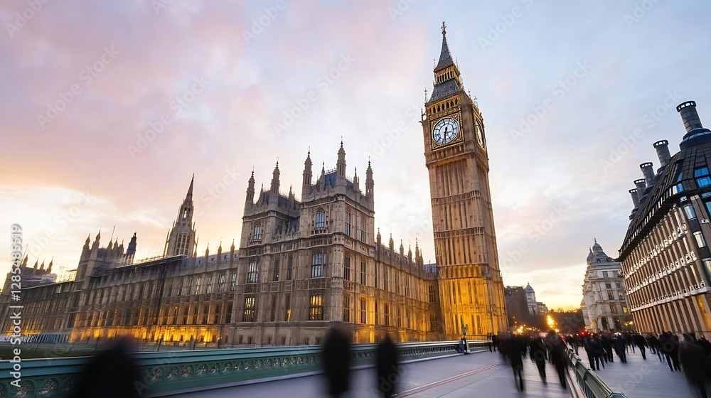 Iconic Big Ben clock tower standing tall against a vibrant sunset sky in London with city life bustling below : Generative AI Iconic Big Ben clock tower standing tall against a vibrant sunset sky in London with city life bustling below : Generative AI