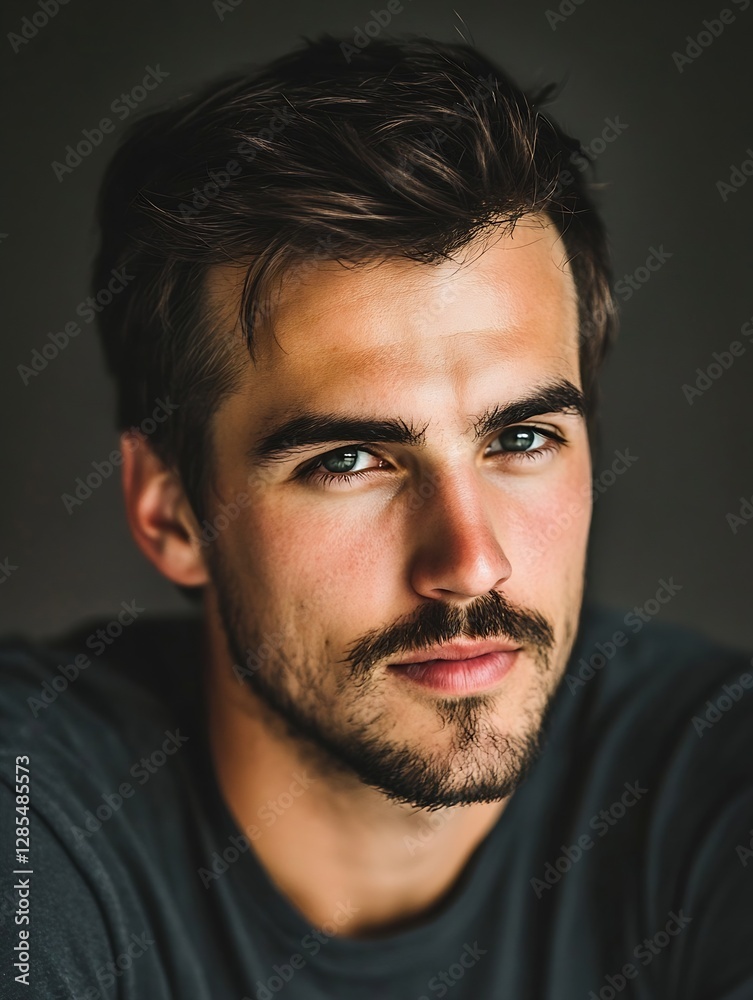 Fototapeta premium Close-up portrait of a young man with striking blue eyes and a stylish mustache : Generative AI