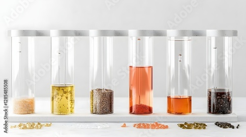 Side by side display of various refined petroleum products such as oil fuel and other substances in transparent glass containers for comparison analysis or product display