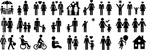 Family icon set, black silhouette pictograms of parents, children, couples, disabled, love, home, parenting, relationships, community, social connection, diversity, inclusion, lifestyle family bond