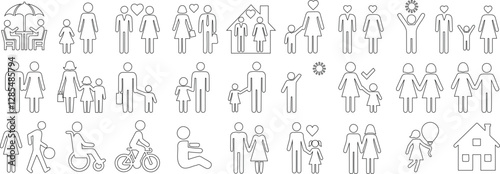 Family, relationship, love, parenting, couple, children pictogram line artset shows disability, inclusivity, community, unity, home, happiness, care, togetherness