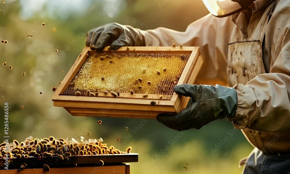 A beekeeper inspects honeycomb frames surrounded by buzzing bees in a vibrant outdoor setting.