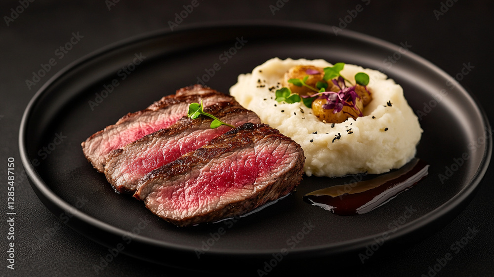Elegant Steak and Mashed Potatoes Fine Dining Presentation, Generative Ai Elegant Steak and Mashed Potatoes Fine Dining Presentation, Generative Ai