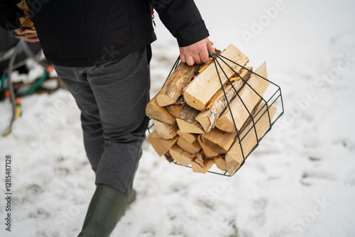 Man bringing fire wood for outdoors stove and fire making