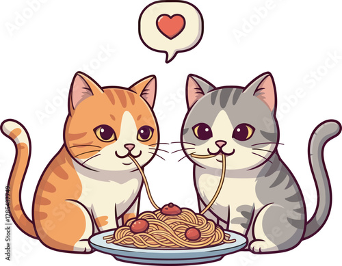 Cartoon illustration of a cute cat playing with a mouse and fish in a fun and loving design