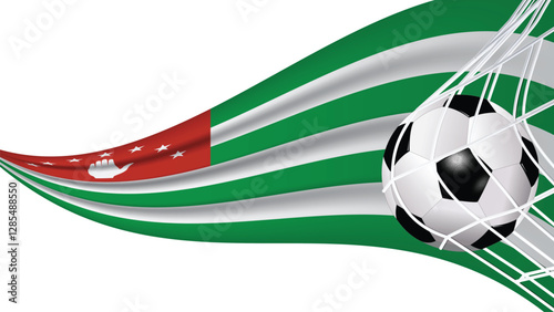 Soccer football ball in goal net with Abkhazia wavy flag، Sports accessory equipment and waving flag illustration vector