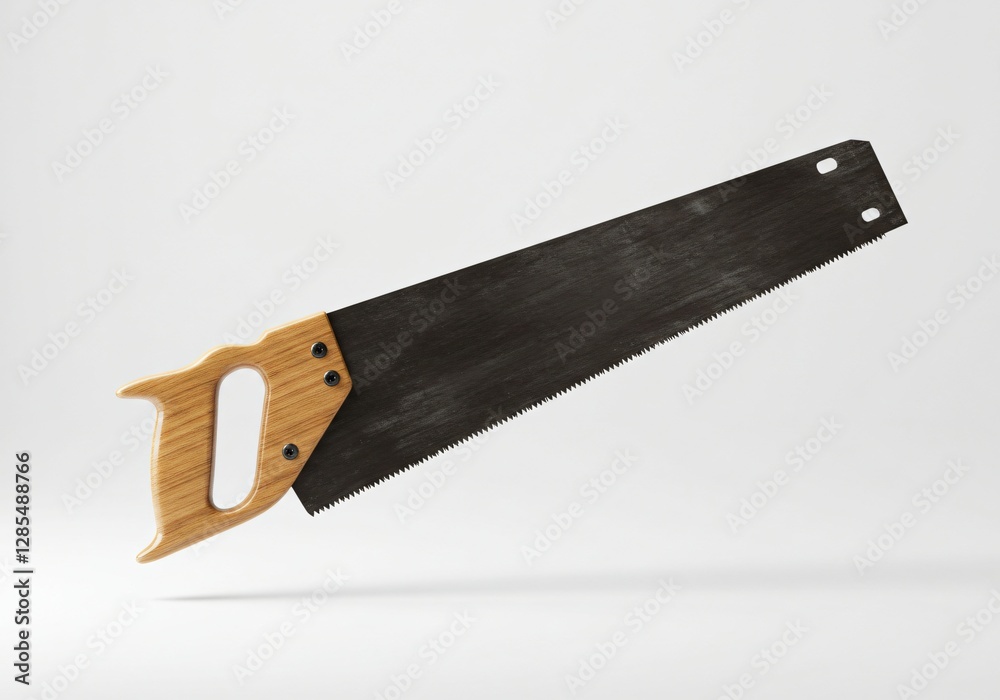 A traditional hand saw with a sharp steel blade and a wooden handle, designed for cutting wood in carpentry, construction, and DIY projects. Isolated on a white background. A traditional hand saw with a sharp steel blade and a wooden handle, designed for cutting wood in carpentry, construction, and DIY projects. Isolated on a white background.