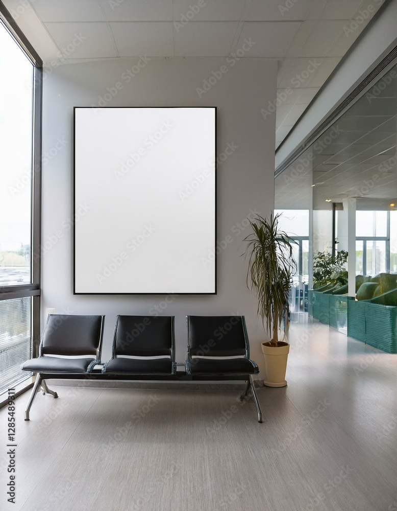 Bright contemporary waiting room interior with white empty poster Bright contemporary waiting room interior with white empty poster