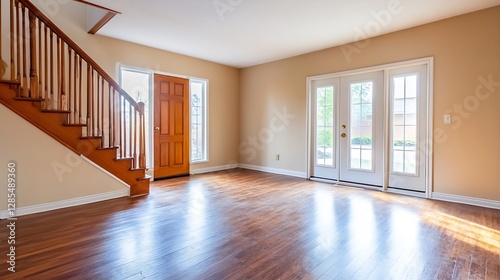 Bright and spacious interior of an empty room with wooden staircase : Generative AI photo