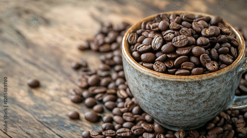 Fototapeta premium Coffee beans spilling out of a rustic ceramic cup on a wooden table background : Generative AI