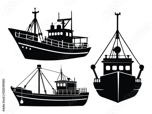 Fishing vessel boats silhouette collection.