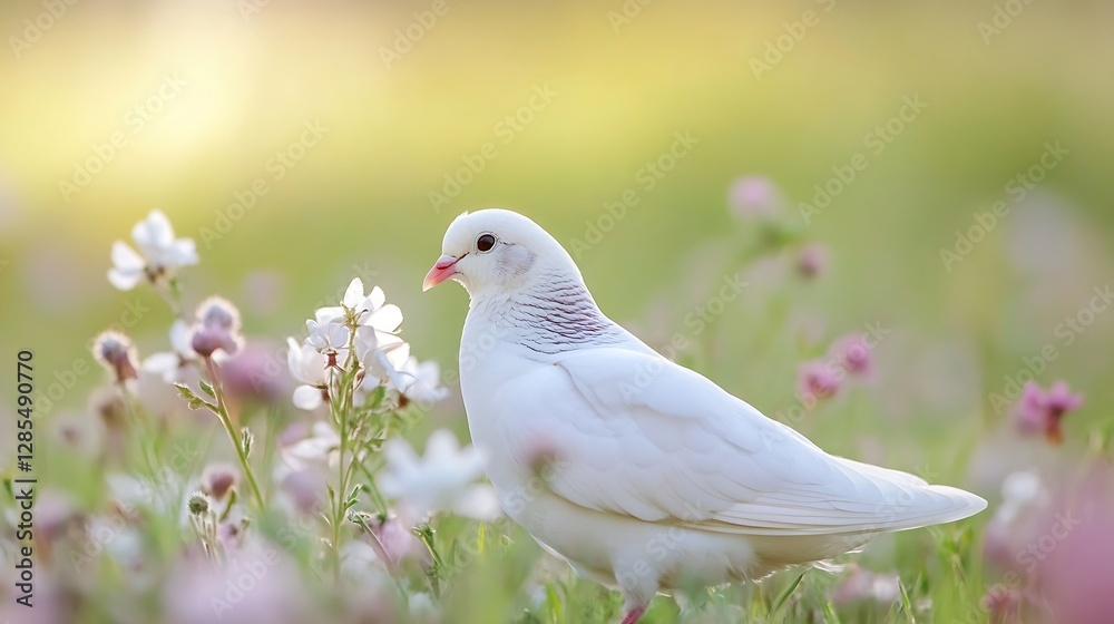 Obraz premium Elegant White Dove Surrounded by Beautiful Pink Flowers in a Gentle Nature Scene : Generative AI