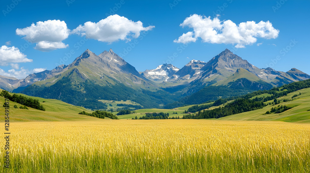 Fototapeta premium Golden wheat field stretches towards majestic green mountains under a bright blue sky with white clouds.