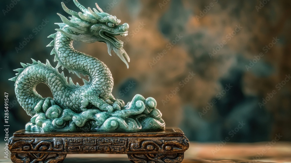 Fototapeta premium Elegant Jade Dragon Sculpture on Decorative Wooden Base