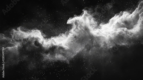 Surreal white dust explosion with abstract swirling patterns, isolated on a minimalist black canvas 
