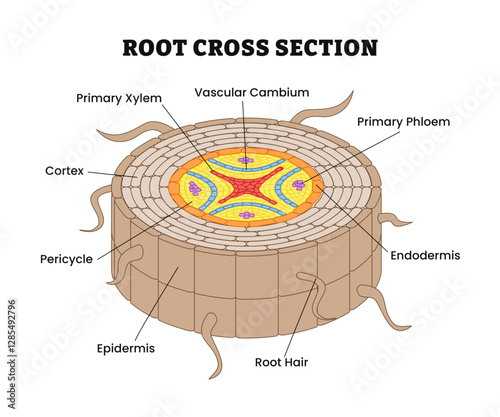 Internal root structure anatomy diagram with cross section view, labeled cortex, xylem, vascular, cambium, phloem, endodermis, pericycle, epidermis, root hair, hair. Vector illustration