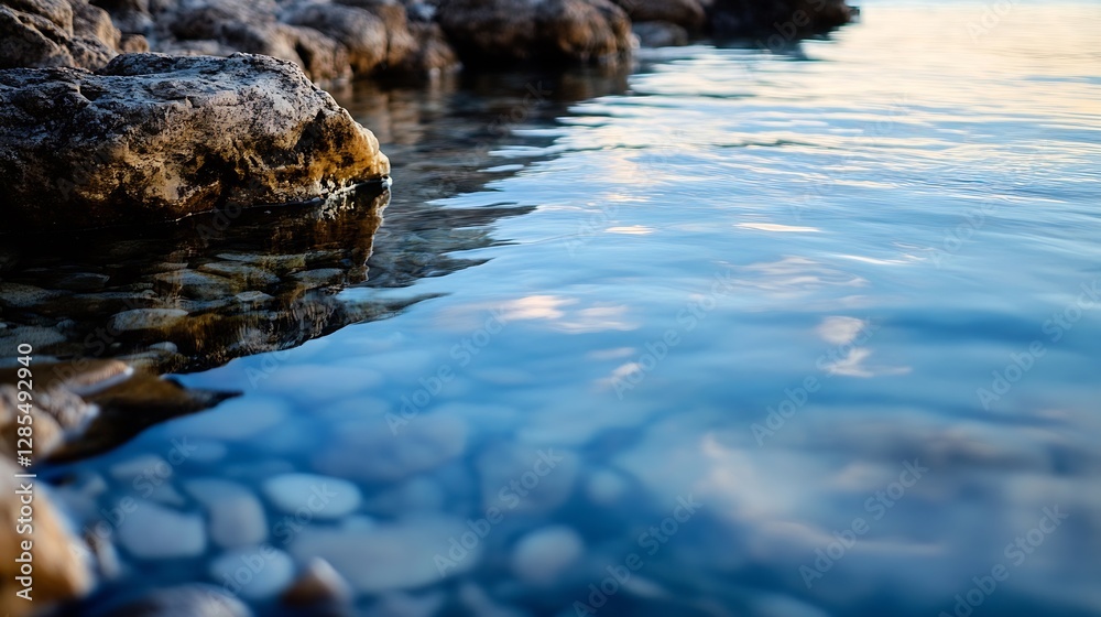 Fototapeta premium Calm Stream with Clear Blue Water Flowing Gently Over Smooth Stones and Rocks : Generative AI