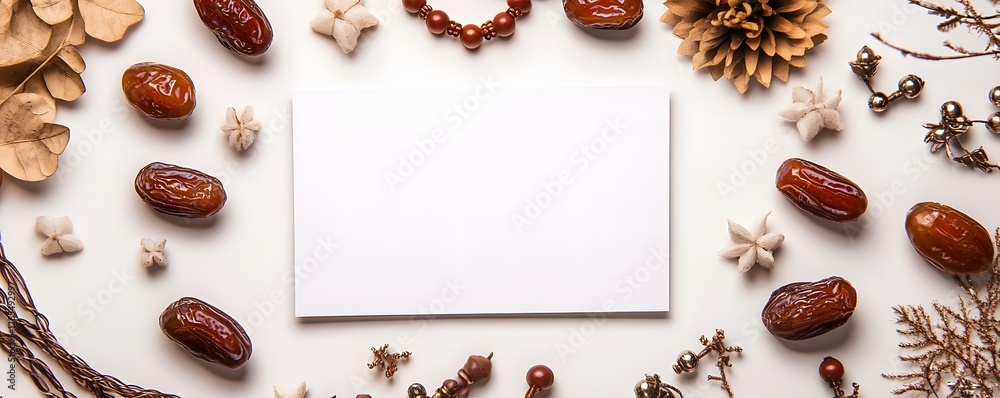 Obraz premium Elegant flat lay featuring dates and decorative objects around card