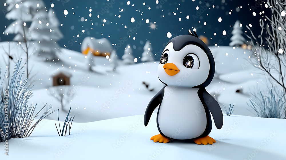 Fototapeta premium A penguin is standing in the snow with a star in its eye. generated using AI