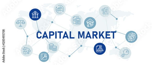Capital market icon set with illustration government planning investment financial strategy trade balance global connection economy management GDP growth report monetary policy design