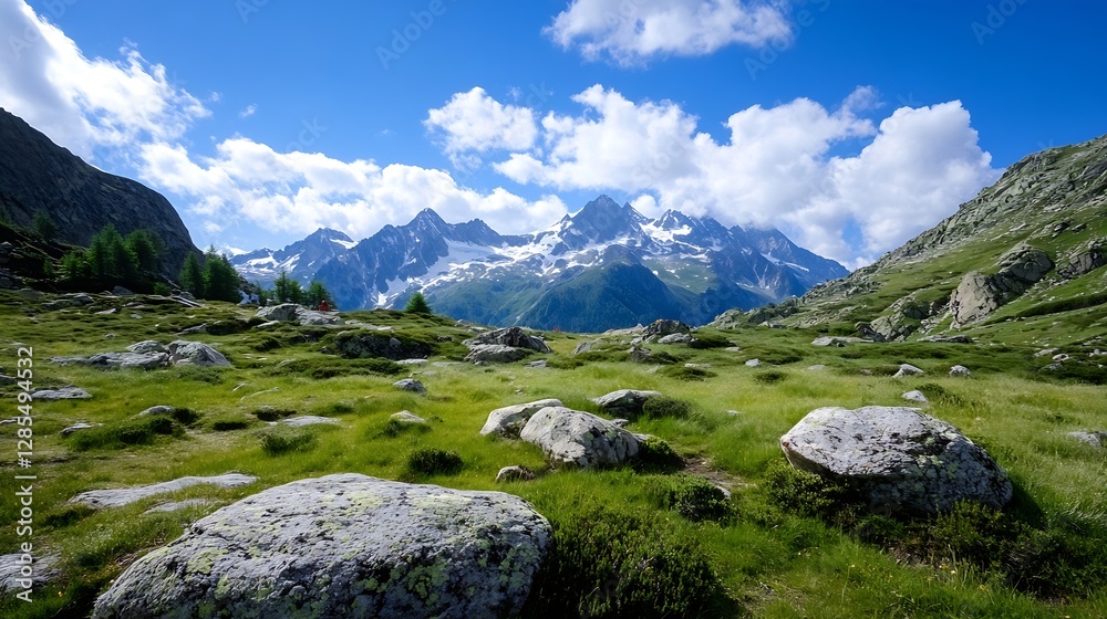 Stunning Alpine View with Majestic Peaks Surrounded by Verdant Greenery and Boulders : Generative AI Stunning Alpine View with Majestic Peaks Surrounded by Verdant Greenery and Boulders : Generative AI