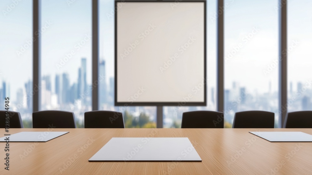 Fototapeta premium Conference rooms in convention centers Concept, Panoramic View of a Modern Meeting Room with Floor to Ceiling Windows and Central Presentation Board