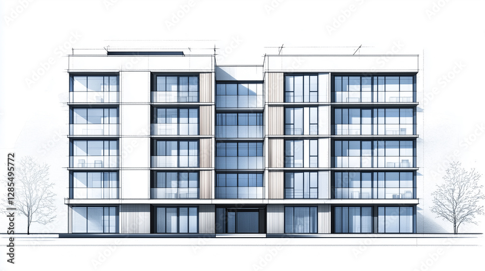 A meticulously drawn front elevation blueprint of a modern 20-story apartment building, capturing its tall and narrow profile A meticulously drawn front elevation blueprint of a modern 20-story apartment building, capturing its tall and narrow profile