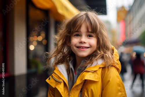 Wallpaper Mural Portrait of a cute little girl in yellow coat on the street Torontodigital.ca