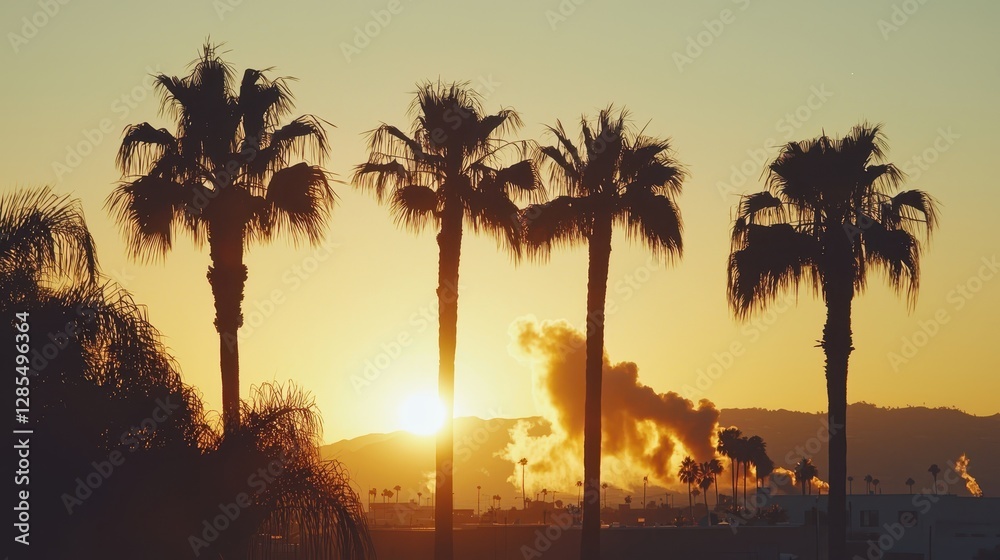 Obraz premium Sunset Over Palm Trees with Silhouette and Smoky Background