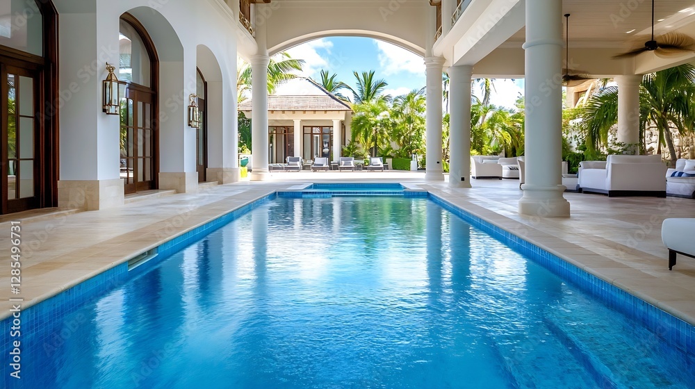 Fototapeta premium Luxurious Swimming Pool with Tropical Setting in a Modern Home Environment : Generative AI