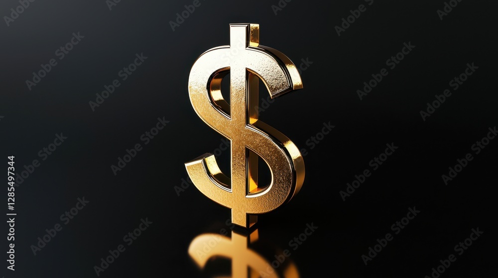 Golden Dollar Sign Symbol with Reflective Surface on Dark Background Golden Dollar Sign Symbol with Reflective Surface on Dark Background