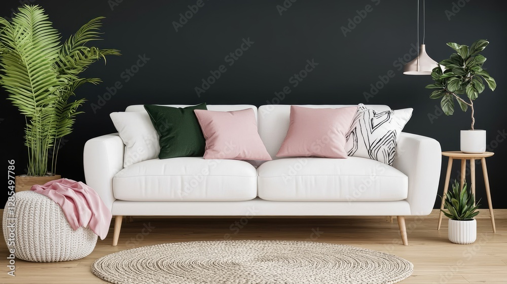 A stylish living room featuring a white sofa adorned with colorful pillows, surrounded by plants and a cozy rug on a wooden floor. A stylish living room featuring a white sofa adorned with colorful pillows, surrounded by plants and a cozy rug on a wooden floor.