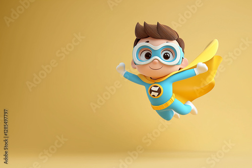 boy superhero , dressed in blue and yellow costume with a flowing yellow cape.children’s books, superhero-themed merchandise, toy packaging, animated content, educational materials, kids' party 