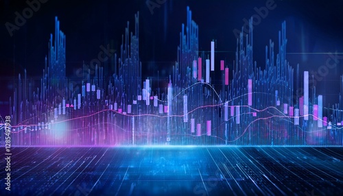 Concept of stock market and fintech data analysis. Blue and violet digital bar charts over dark blue background. Futuristic financial interface.