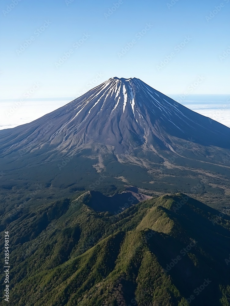Majestic aerial view of an active volcano surrounded by lush green landscape : Generative AI Majestic aerial view of an active volcano surrounded by lush green landscape : Generative AI