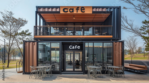 A modern two-story container coffee shop with a black and brown color scheme, reflecting Korean architectural style