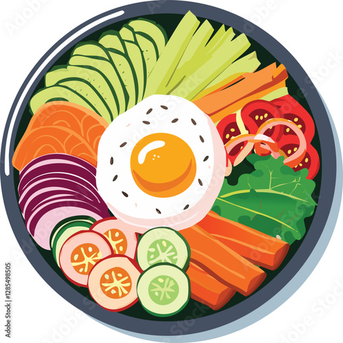 Vibrant Colorful Bibimbap Bowl with Avocado Salmon Egg and Assorted Vegetables Top View Food Illustration