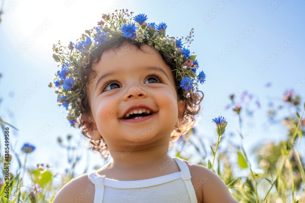 Smiling middle eastern toddler boy with tt hair wearing blue flower crown on his head. Sunny daylight. Happy holiday season holidays conceptual art. Playful moments in a flower-filled field. Smiling middle eastern toddler boy with tt hair wearing blue flower crown on his head. Sunny daylight. Happy holiday season holidays conceptual art. Playful moments in a flower-filled field.