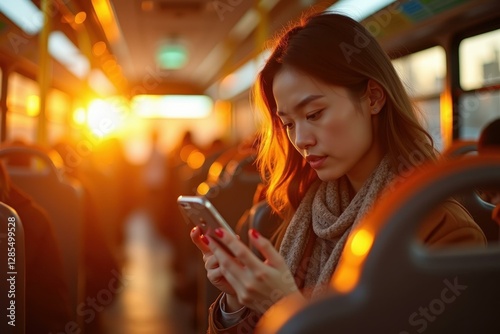 Woman is looking at her phone while riding bus