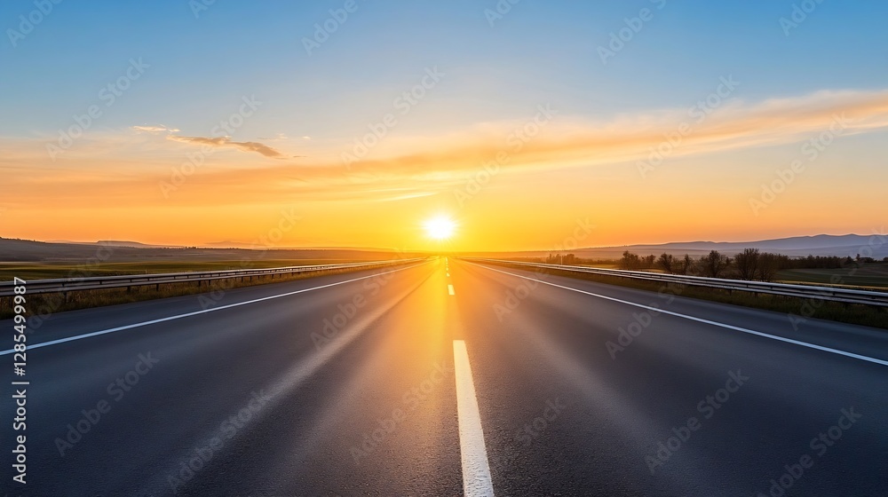 Scenic View of a Long Straight Road Under a Vibrant Sunset Sky : Generative AI Scenic View of a Long Straight Road Under a Vibrant Sunset Sky : Generative AI