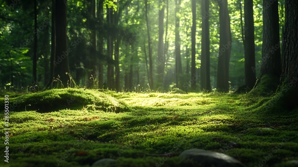 Enchanting sunlight illuminating a forest floor with soft moss and majestic trees creating a peaceful atmosphere : Generative AI Enchanting sunlight illuminating a forest floor with soft moss and majestic trees creating a peaceful atmosphere : Generative AI