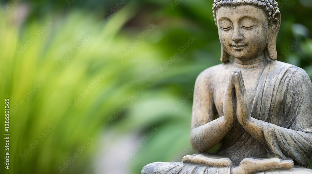 Obraz premium Serene Buddha Statue in Lush Garden Creating a Peaceful Meditation Atmosphere : Generative AI