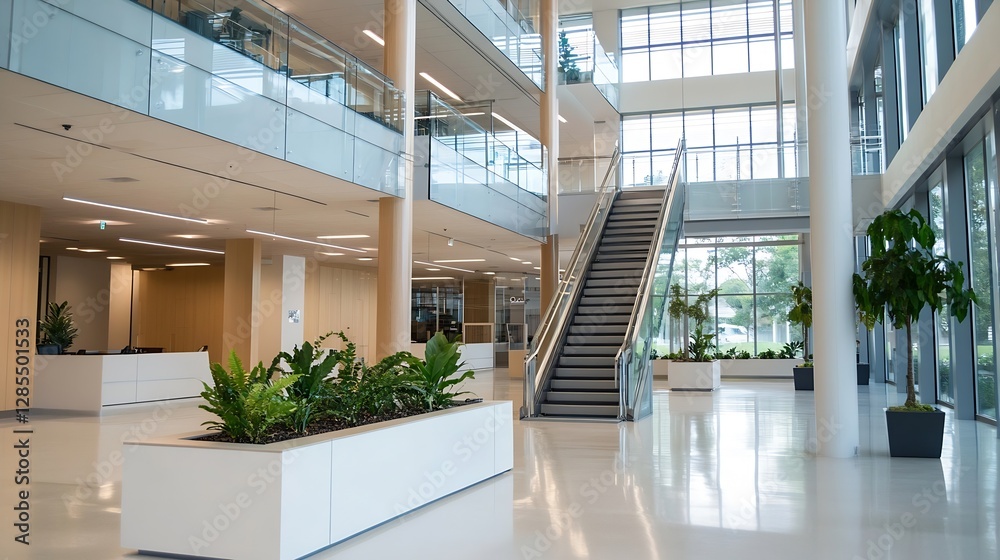 Fototapeta premium Modern and Spacious Office Interior with Natural Light and Greenery Design Elements : Generative AI