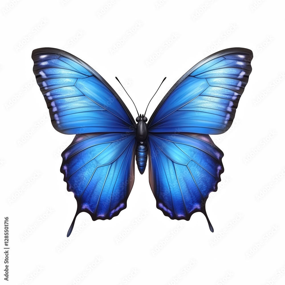 Obraz premium Realistic illustration of a vibrant blue butterfly with symmetrical wings, intricate details, and a graceful appearance, isolated on transparent background.